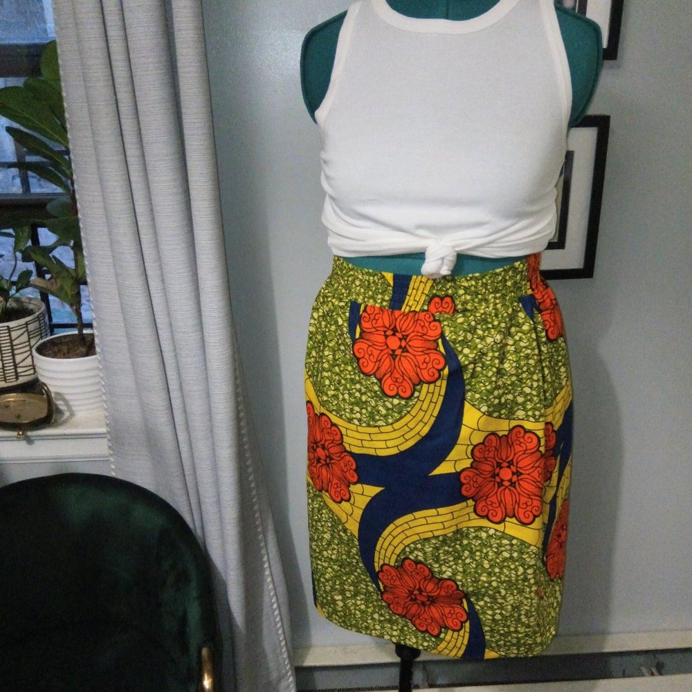 Ankara Midi A-line Skirt in Yellow Orange Blue & Green Fits L XL NWOT
